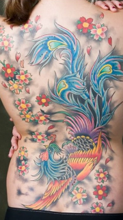 女性满背凤凰樱花纹身图案