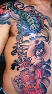 腹部蝎子古典美女纹身图案