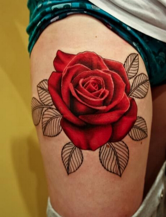 点击大图看下一张：大腿彩色玫瑰花纹身图案