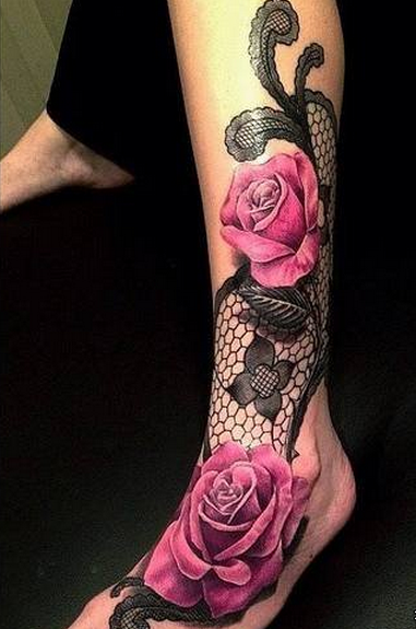 点击大图看下一张：腿部玫瑰花蕾丝纹身图案