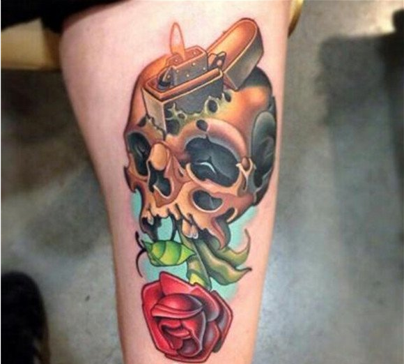 点击大图看下一张：手臂个性欧美彩色骷髅玫瑰纹身