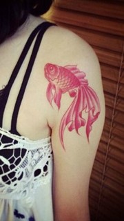 手臂彩色红色金鱼纹身图片
