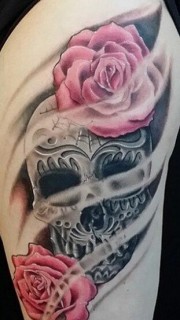 腿部欧美彩色骷髅玫瑰花纹身图案