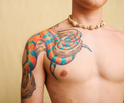 点击大图看下一张：男人肩膀彩色章鱼创意刺青
