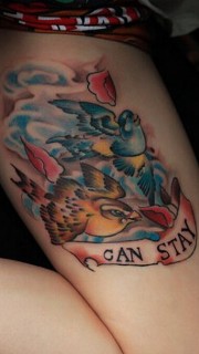 女性腿部彩色燕子纹身图案
