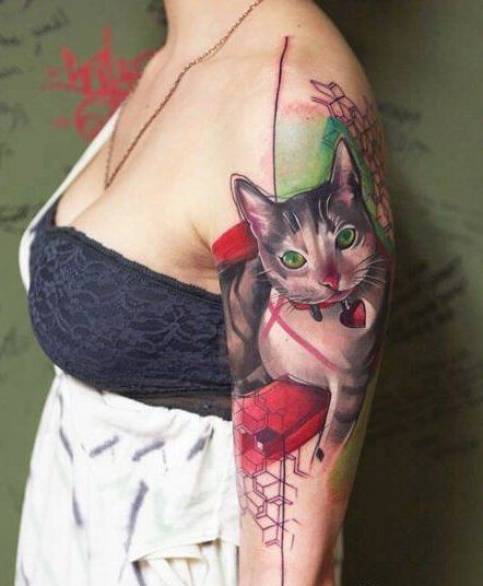 点击大图看下一张：女性手臂彩色猫纹身图案