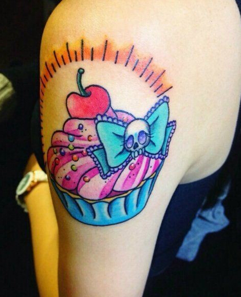 点击大图看下一张：手臂卡通蛋糕樱桃纹身图片