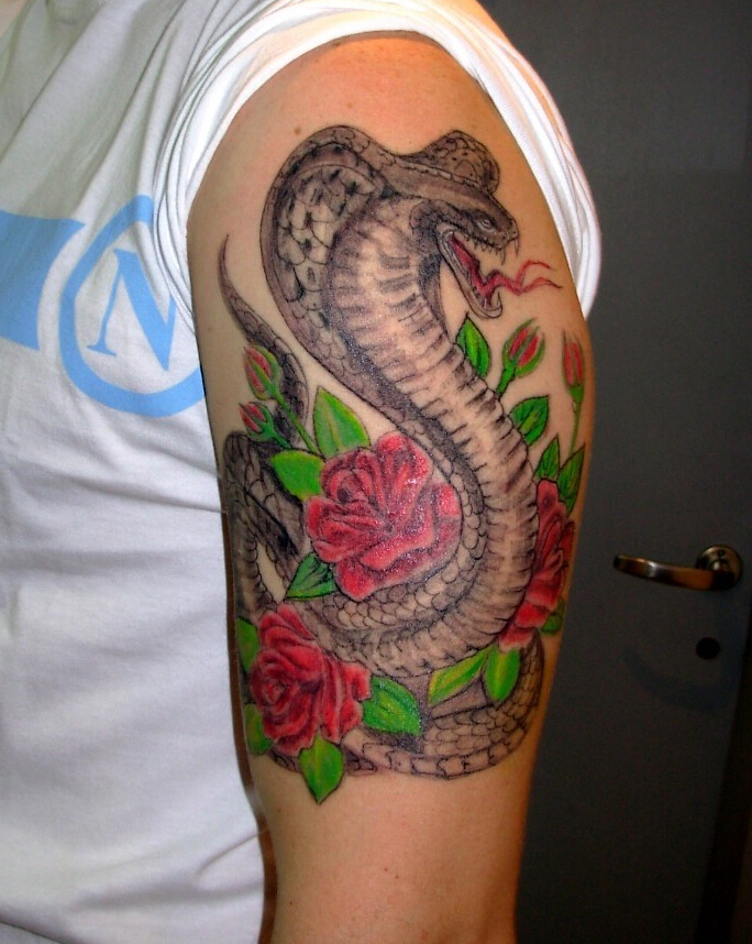 点击大图看下一张：男性手臂蛇与玫瑰纹身图案