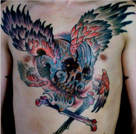 点击大图看下一张：胸口漂亮的骷髅翅膀纹身图案