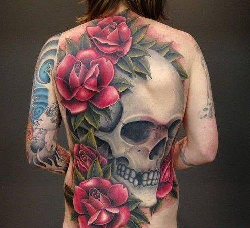 点击大图看下一张：满背彩色骷髅头玫瑰花纹身图案