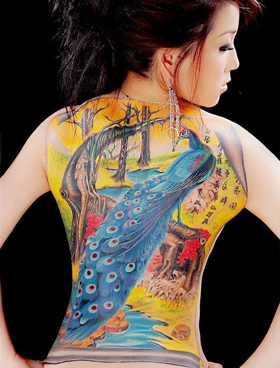 点击大图看下一张：背部漂亮的彩色满背孔雀纹身