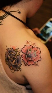 女神肩部好看姐妹玫瑰花纹身图案