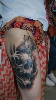 大腿惊悚的死神骷髅纹身图案