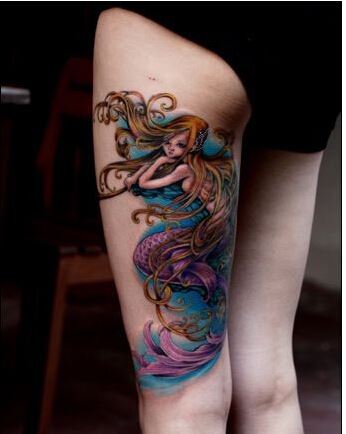 点击大图看下一张：美女腿部漂亮时尚好看的美人鱼纹身图