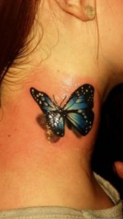 女生颈部漂亮的蓝尾蝶纹身图案