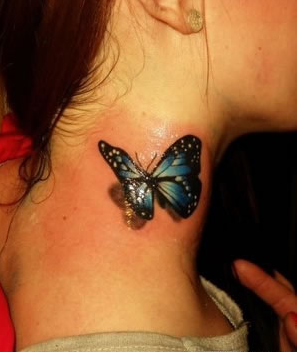 点击大图看下一张：女生颈部漂亮的蓝尾蝶纹身图案
