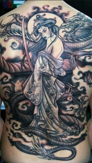 龙与花彩色背景古典美女图案纹身