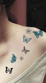 女生颈部彩色蝴蝶性感纹身