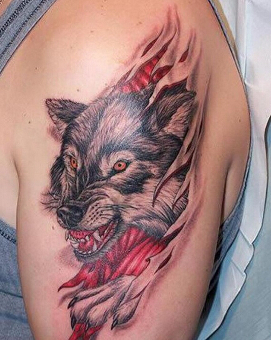 点击大图看下一张:霸气的手臂狼头刺青