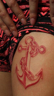 女人腿部唯美的彩色船锚纹身图片