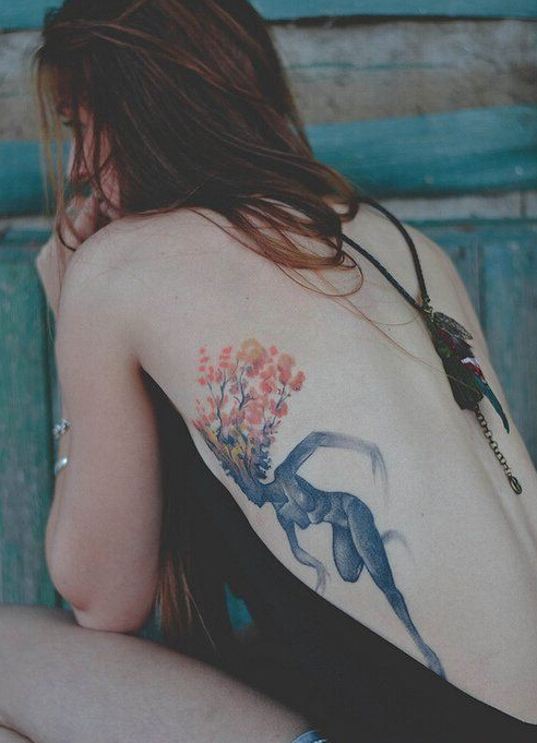 点击大图看下一张：女人侧腰彩人物树纹身图案