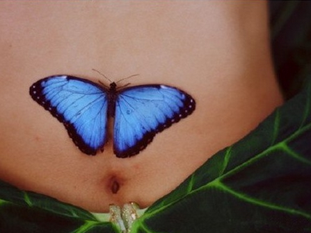点击大图看下一张：女性腹部逼真的蓝色蝴蝶纹身
