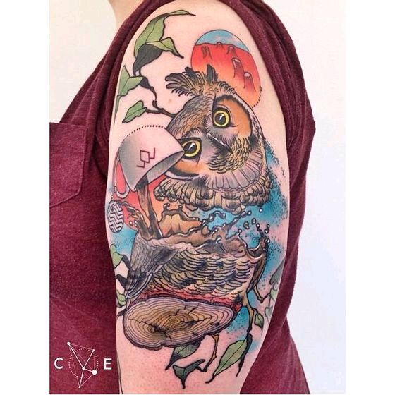 点击大图看下一张：school彩色猫头鹰纹身图案