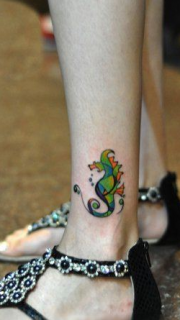 美女腿部漂亮的彩色海马纹身图案