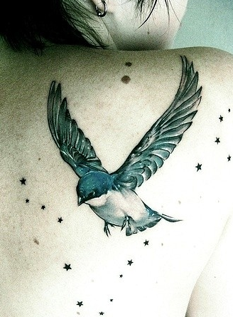点击大图看下一张：女性背部飞翔的小鸟纹身