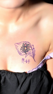 美女胸部中文字和羽毛纹身