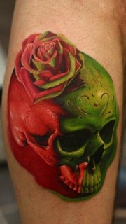 欧美3D彩色骷髅玫瑰花纹身图案