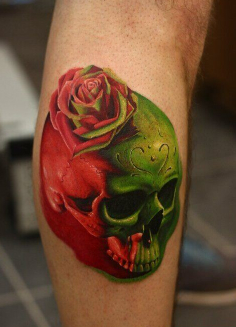 点击大图看下一张：欧美3D彩色骷髅玫瑰花纹身图案