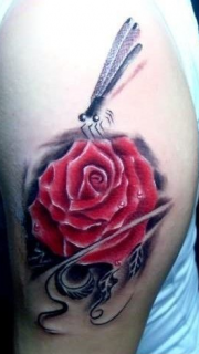 手臂玫瑰与蜻蜓纹身图案