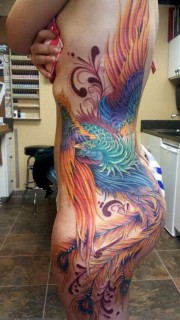 女性侧腰到腿部好看的彩色凤凰刺青作品