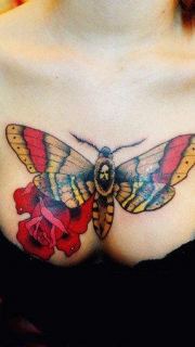 美女前胸漂亮的玫瑰飞蛾纹身图案