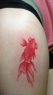 美女腿部彩色的水墨画金鱼刺青