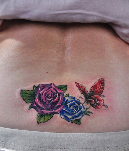 点击大图看下一张：美女腰部漂亮的彩色玫瑰花与蝴蝶刺青图片