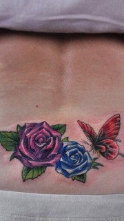 美女腰部漂亮的彩色玫瑰花与蝴蝶刺青图片