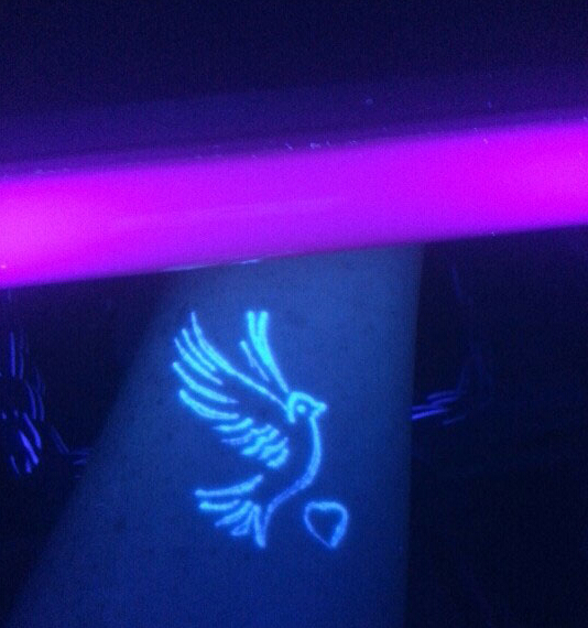 点击大图看下一张：好看的荧光爱心鸽子纹身图案