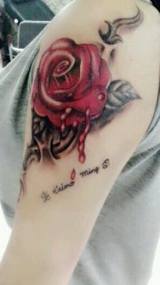 好看的美女手臂滴血玫瑰纹身