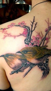 背部黄莺与桃花图案