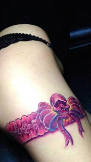性感骷髅蕾丝大腿纹身图案