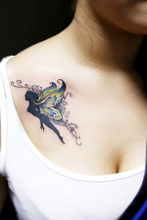 点击大图看下一张：女性胸部蝴蝶精灵纹身图案