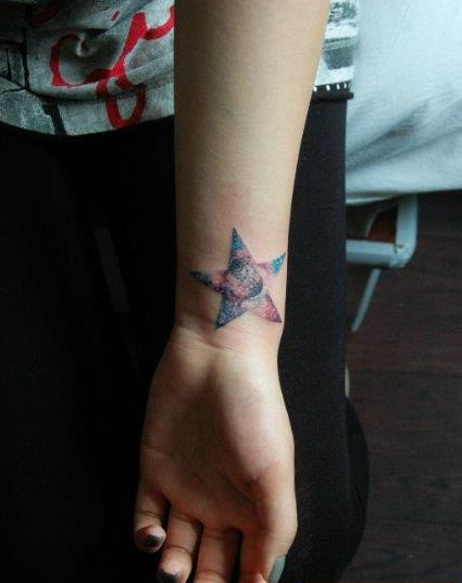 点击大图看下一张：女孩子手腕处五角星与星空纹身图案