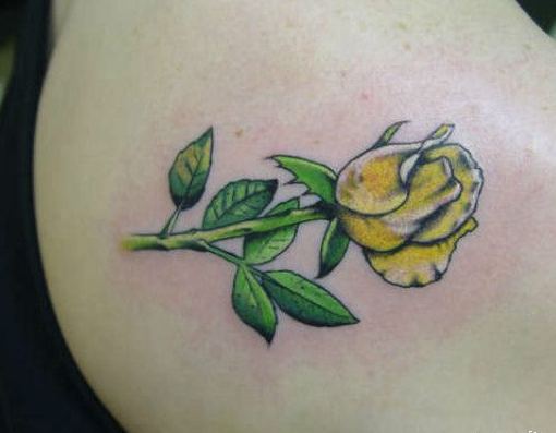 点击大图看下一张：肩背上漂亮的黄色玫瑰纹身图案