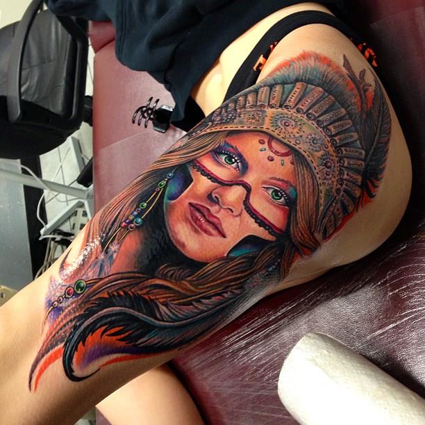 点击大图看下一张：美女大腿印第安女头像纹身图案