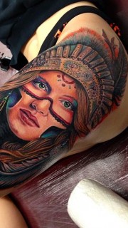 美女大腿印第安女头像纹身图案