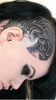 时尚女生头部超个性食人鱼纹身