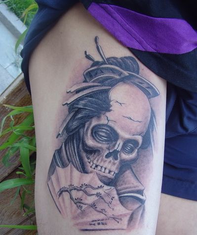 点击大图看下一张：腿部经典的骷髅纹身图案