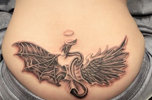 点击大图看下一张：美女腰部一对天使与恶魔的翅膀纹身图案